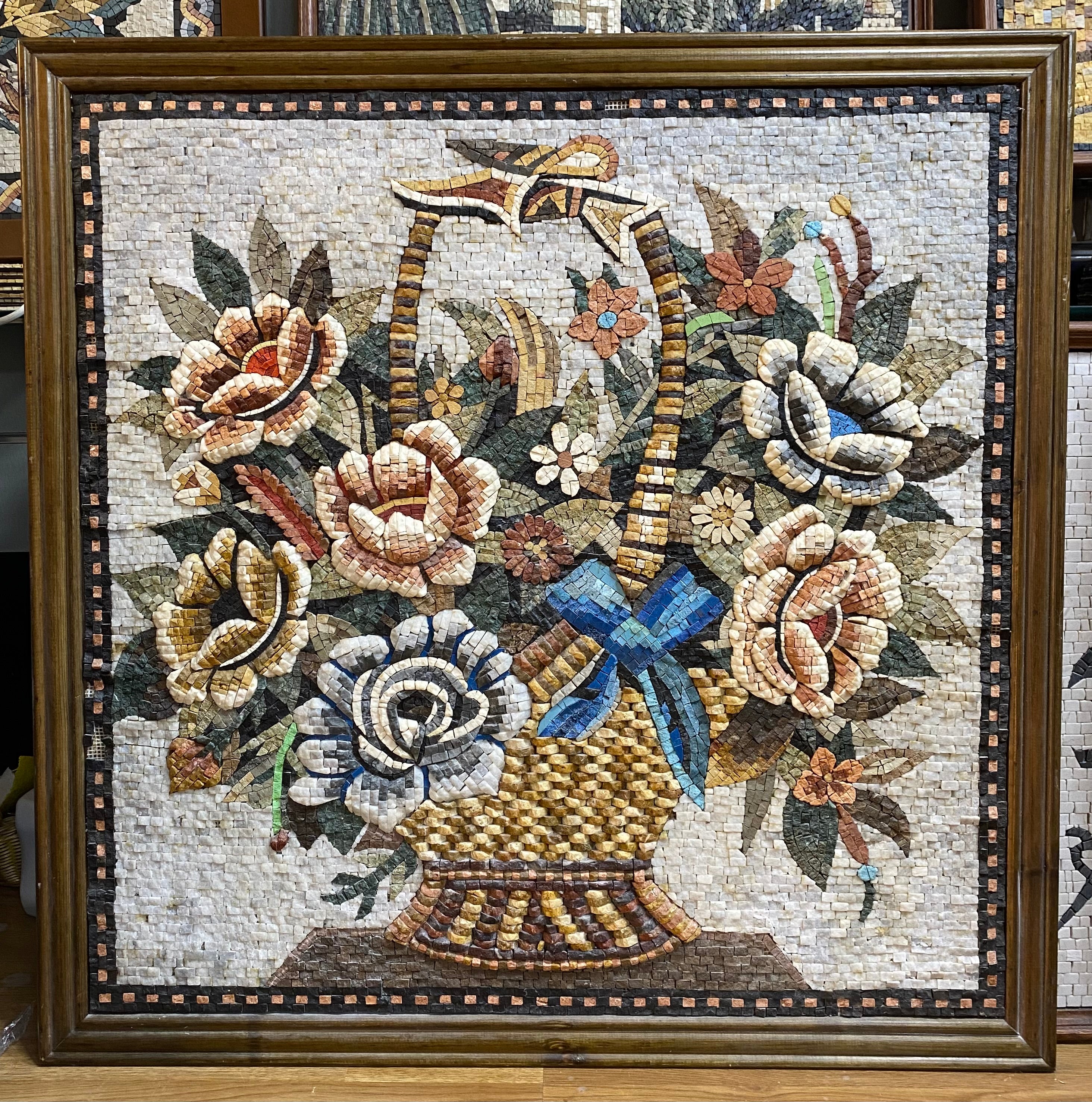Floral Basket Mosaic with Blue Ribbon (90 × 90 cm)